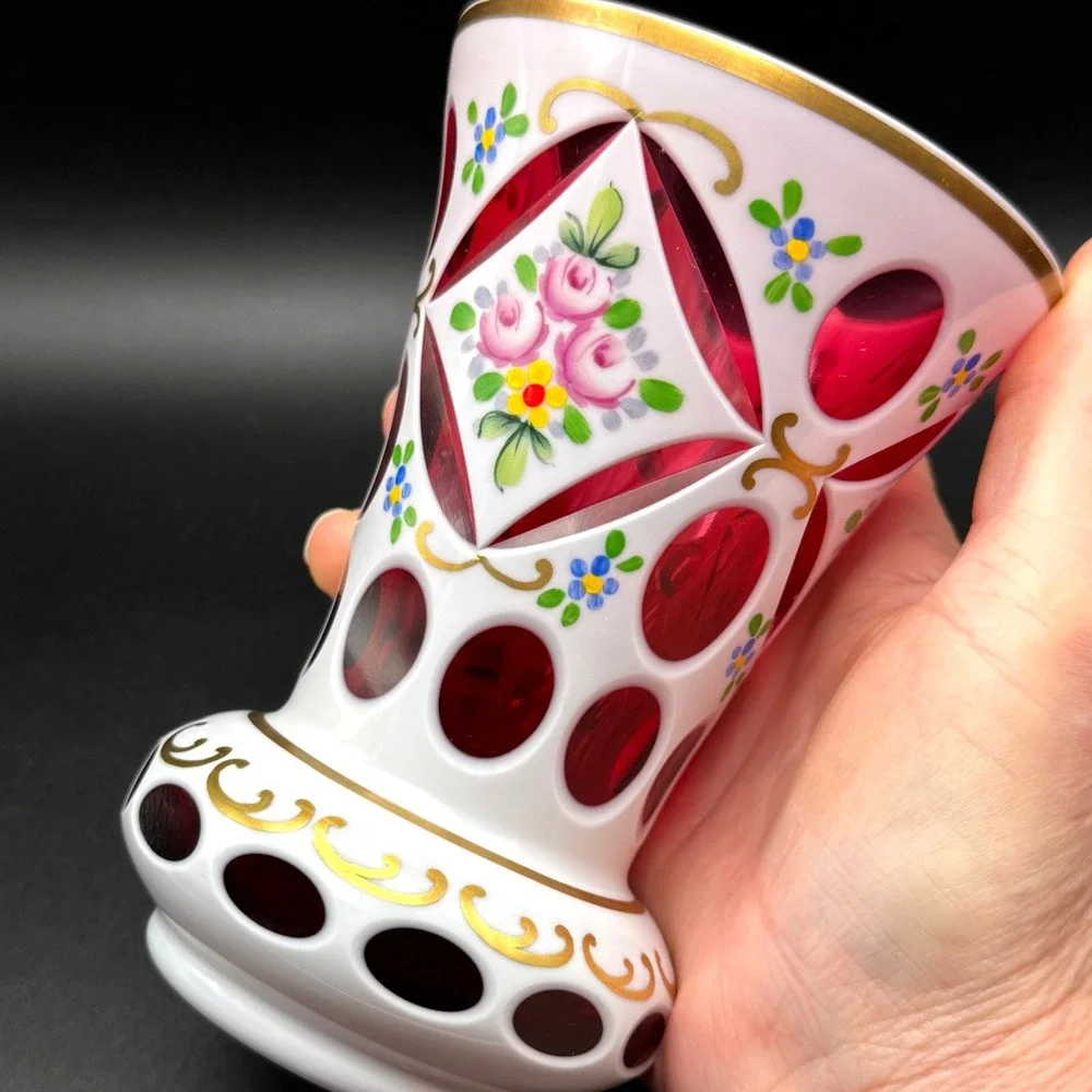 Vintage Bohemian Czech Ruby Cut to Clear White Overlay Floral Glass Vase 6